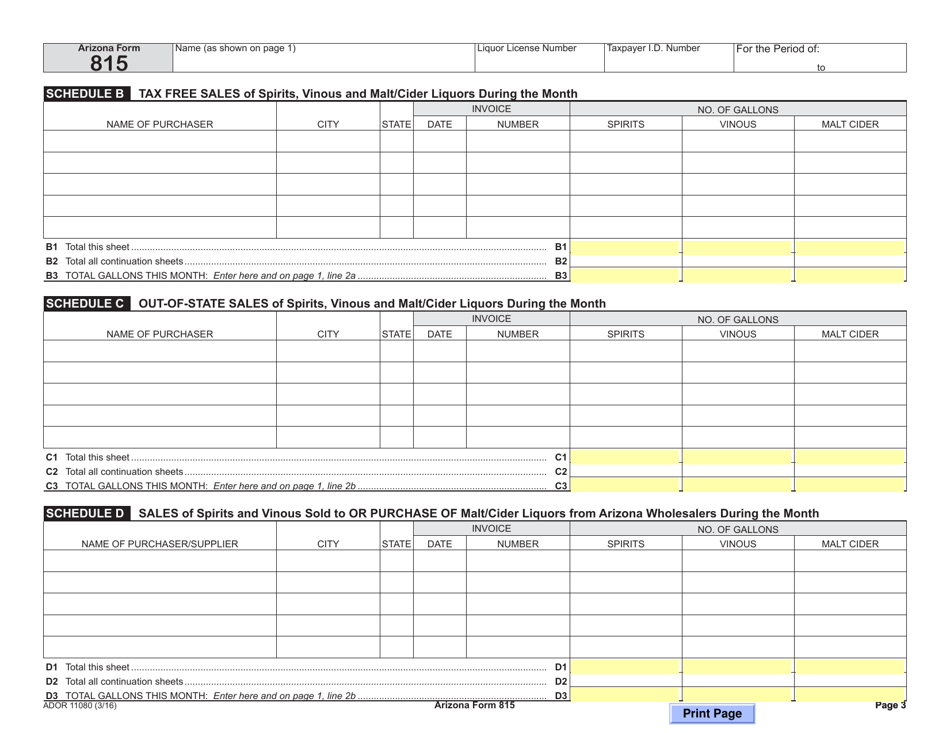 Form ADOR11080 (Arizona Form 815) Wholesalers Return of Spirits and Vinous Sold and Malt / Cider Liquor Purchased - Arizona, Page 3