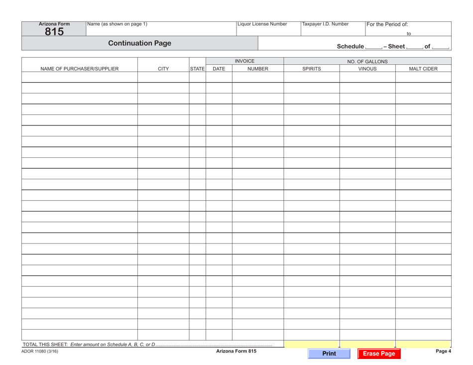 Form ADOR11080 (Arizona Form 815) Wholesalers Return of Spirits and Vinous Sold and Malt / Cider Liquor Purchased - Arizona, Page 4