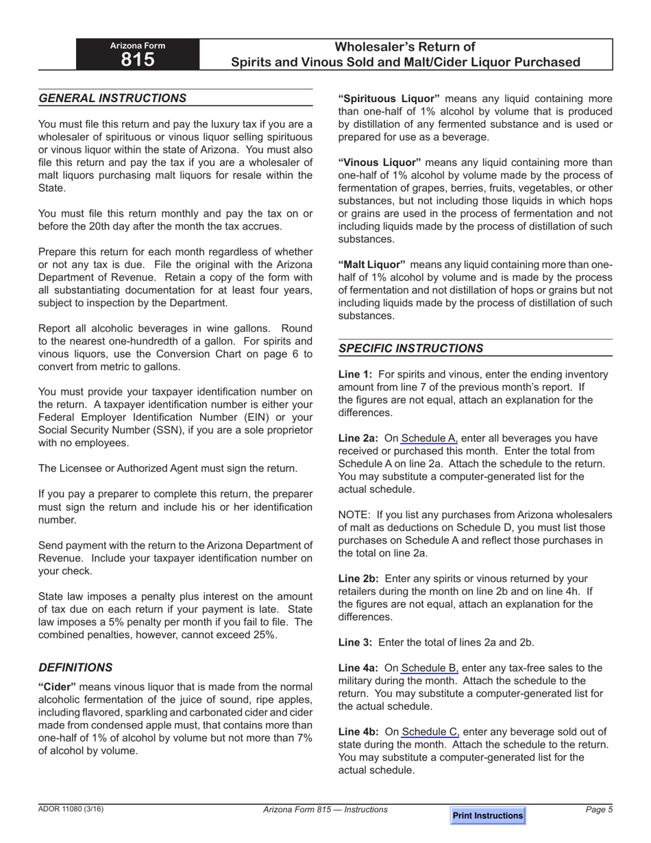 Form ADOR11080 (Arizona Form 815) Wholesalers Return of Spirits and Vinous Sold and Malt / Cider Liquor Purchased - Arizona, Page 5