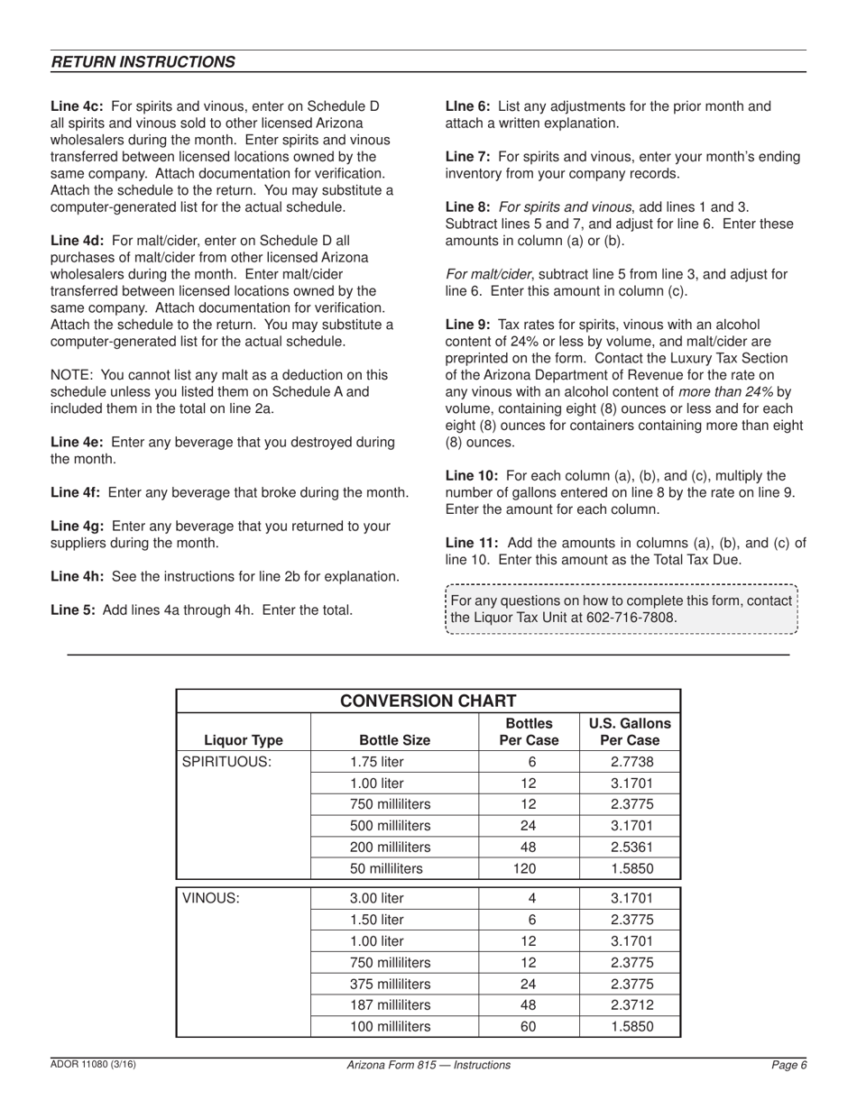 Form ADOR11080 (Arizona Form 815) Wholesalers Return of Spirits and Vinous Sold and Malt / Cider Liquor Purchased - Arizona, Page 6