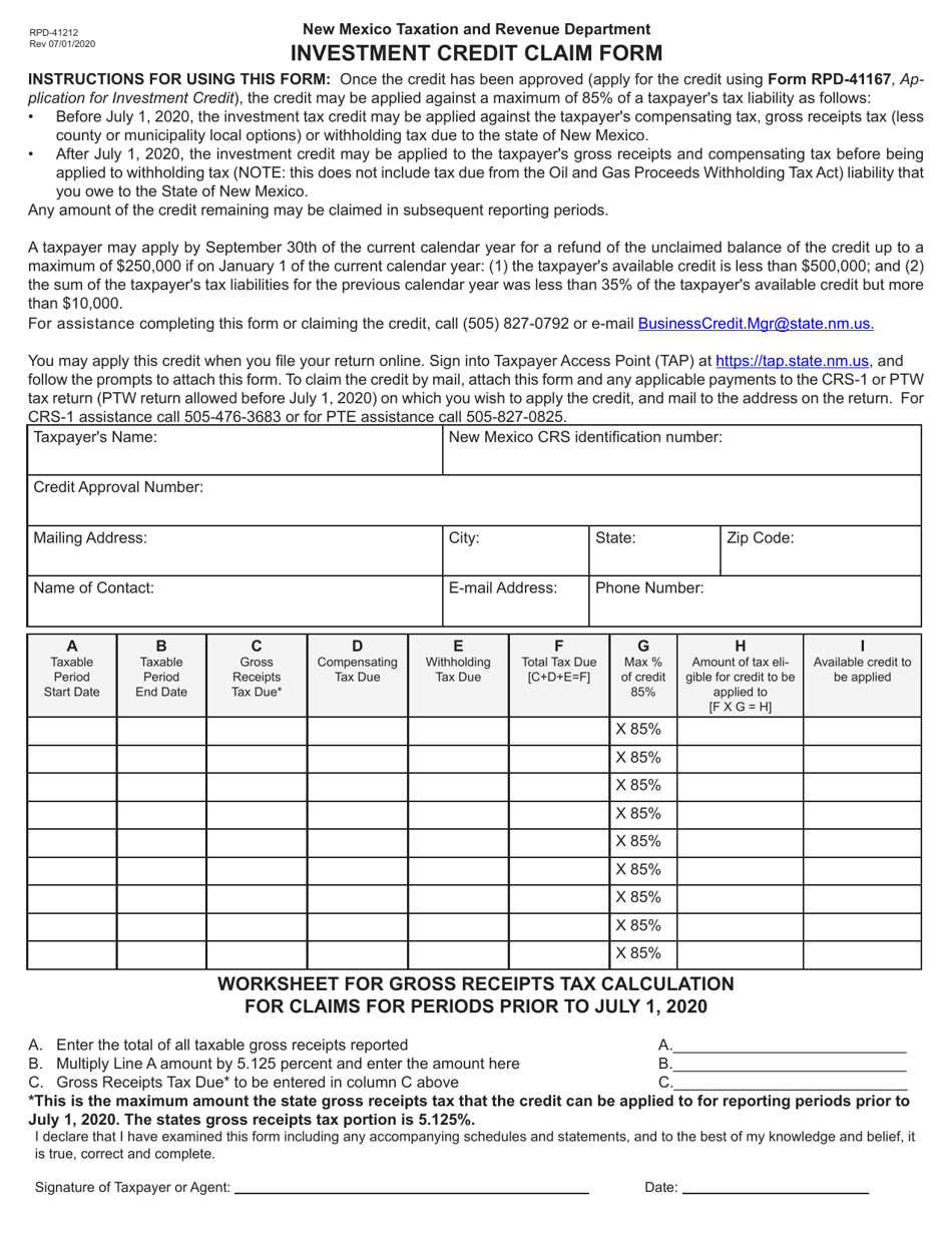 Form RPD-41212 Investment Credit Claim Form - New Mexico, Page 1