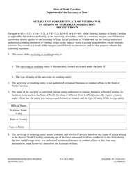 Form BE-09 Application for Certificate of Withdrawal by Reason of Merger, Consolidation or Conversion - North Carolina, Page 2