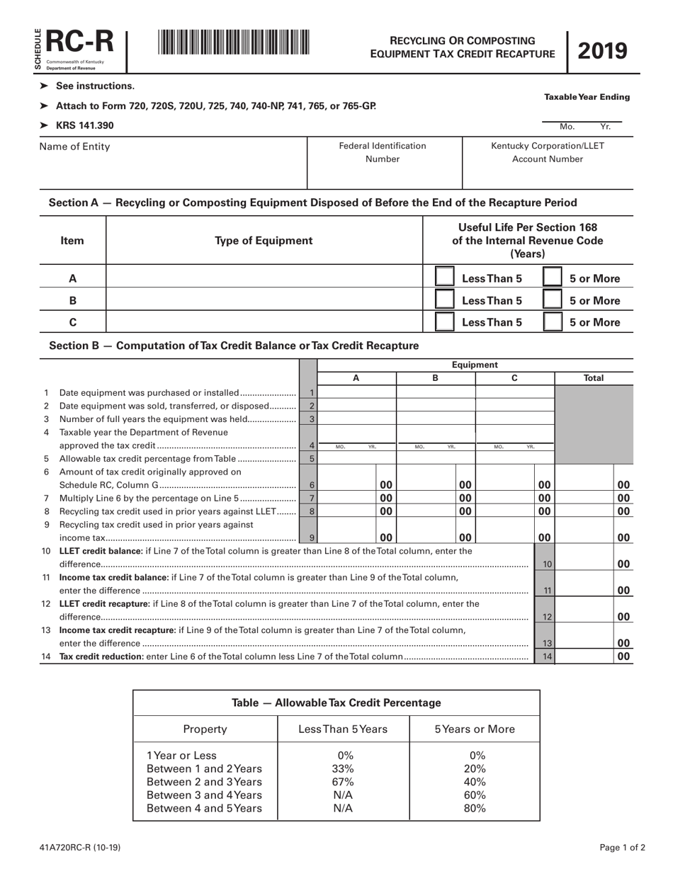 Form 41A720RC-R Schedule RC-R Recycling or Composting Equipment Tax Credit Recapture - Kentucky, Page 1