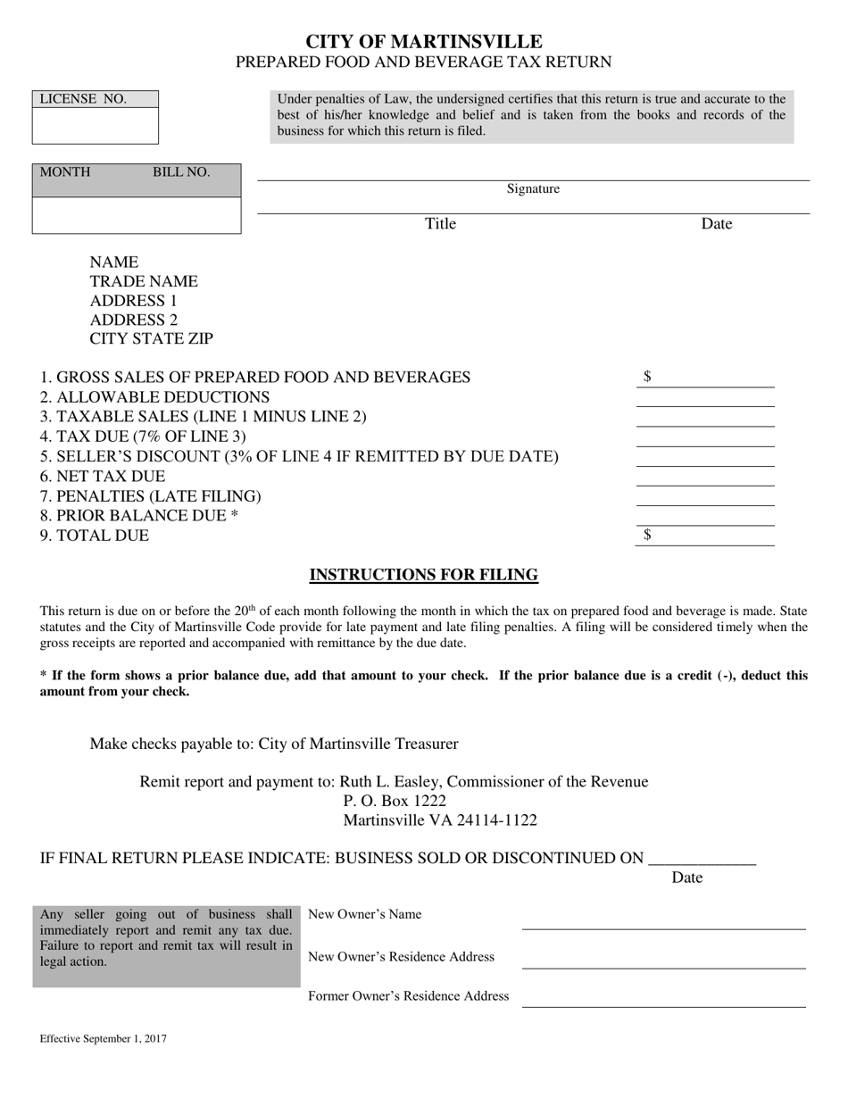 Prepared Food and Beverage Tax Return - City of Martinsville, Virginia, Page 1