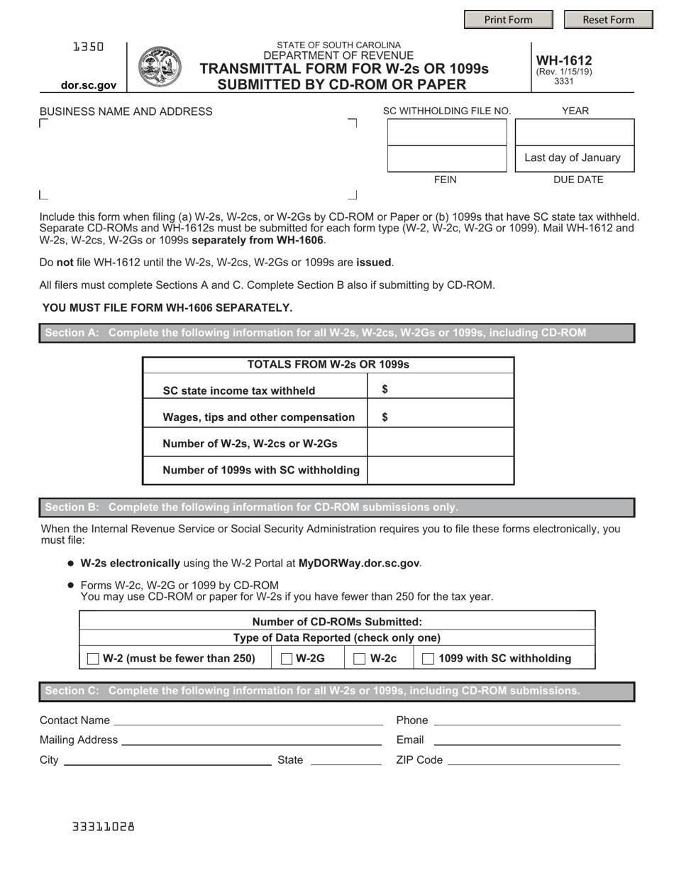 Form WH-1612 Transmittal Form for W-2s or 1099s Submitted by Cd-Rom or Paper - South Carolina, Page 1