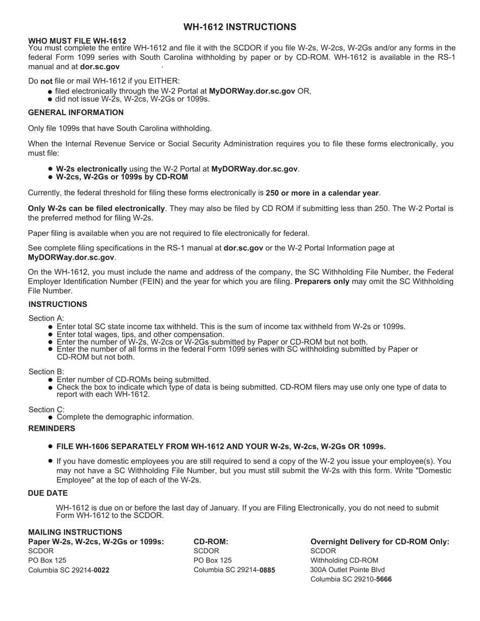 Form WH-1612 Transmittal Form for W-2s or 1099s Submitted by Cd-Rom or Paper - South Carolina, Page 2