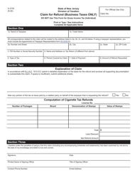 Form A-3730 Claim for Refund (Business Taxes Only) - New Jersey