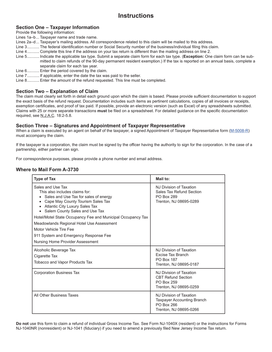 Form A-3730 Claim for Refund (Business Taxes Only) - New Jersey, Page 2
