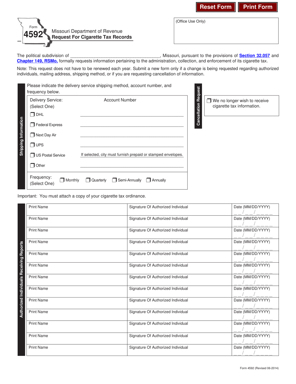 Form 4592 Request for Cigarette Tax Records - Missouri, Page 1