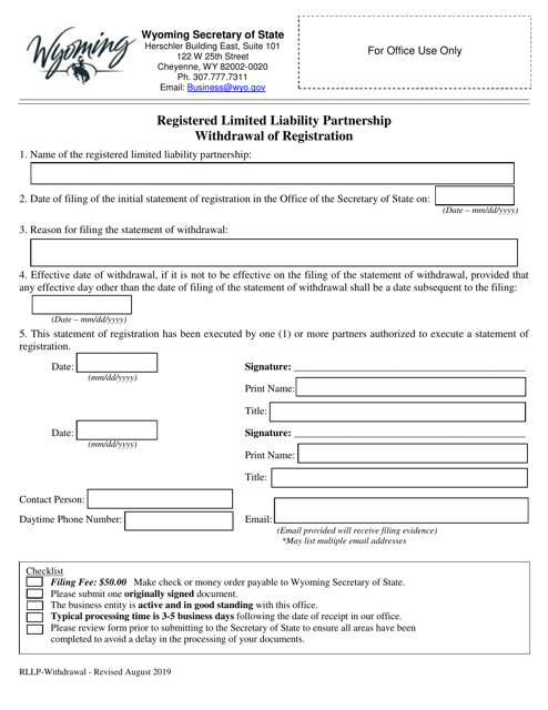 Registered Limited Liability Partnership Withdrawal of Registration - Wyoming Download Pdf
