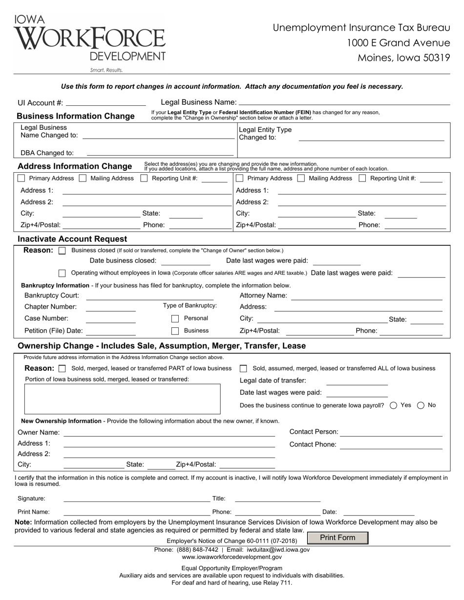 Form 60-0111 Employers Notice of Change - Iowa, Page 1