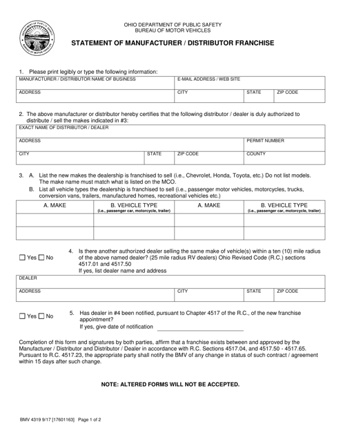Form BMV4319 Statement of Manufacturer/Distributor Franchise - Ohio