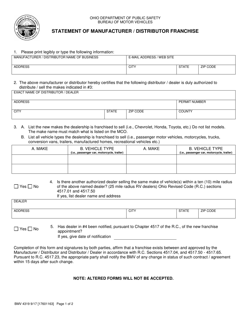 Form BMV4319 Statement of Manufacturer / Distributor Franchise - Ohio, Page 1