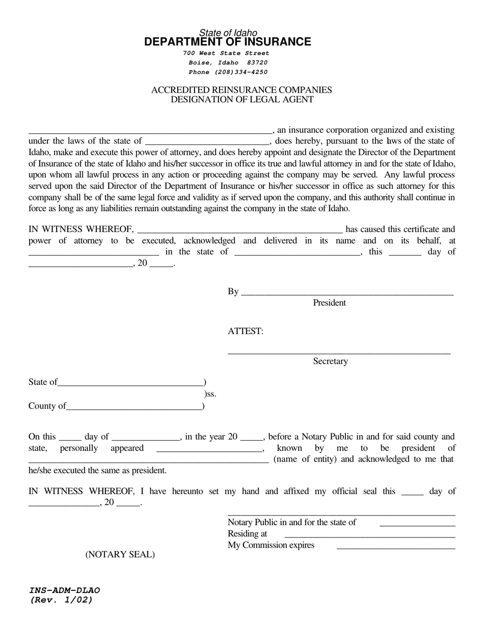 Accredited Reinsurance Companies Designation of Legal Agent - Idaho, Page 1
