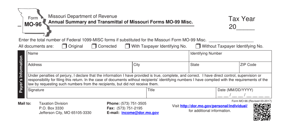 Form MO-96 Annual Summary and Transmittal of Missouri Mo-99 Misc - Missouri, Page 1
