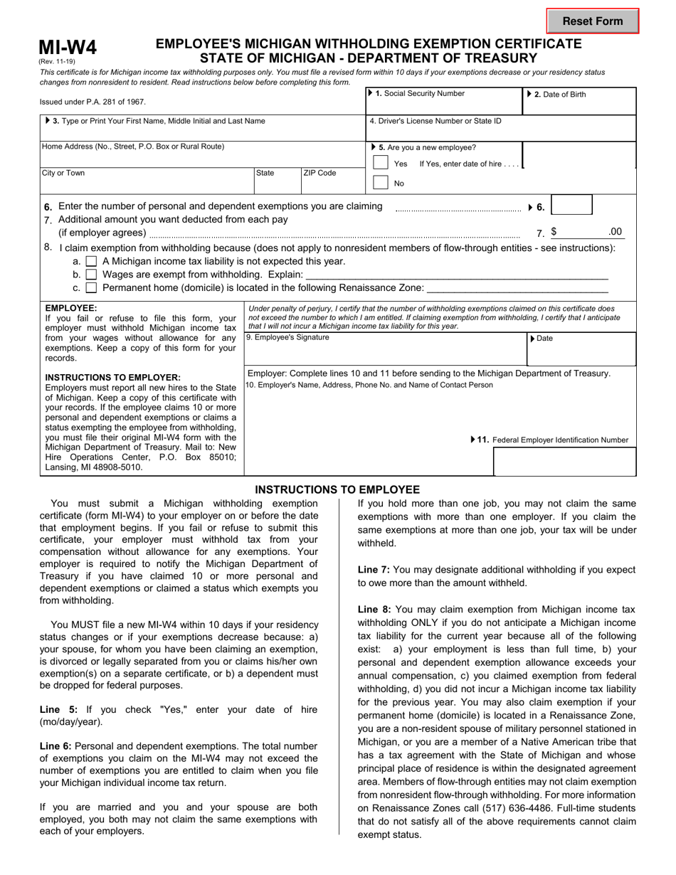 Form MI-W4 Employees Michigan Withholding Exemption Certificate - Michigan, Page 1