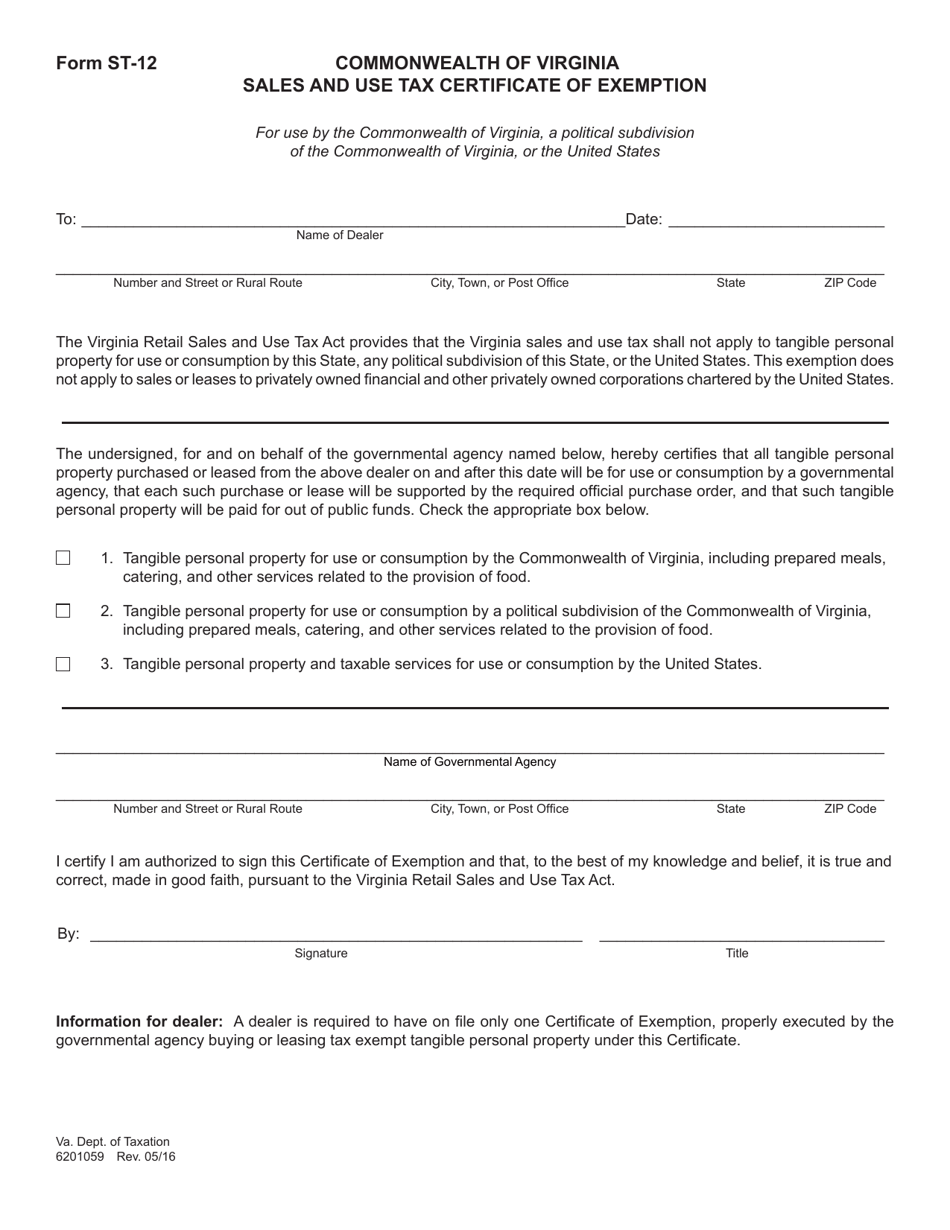 Form ST-12 Sales and Use Tax Certificate of Exemption - Virginia, Page 1
