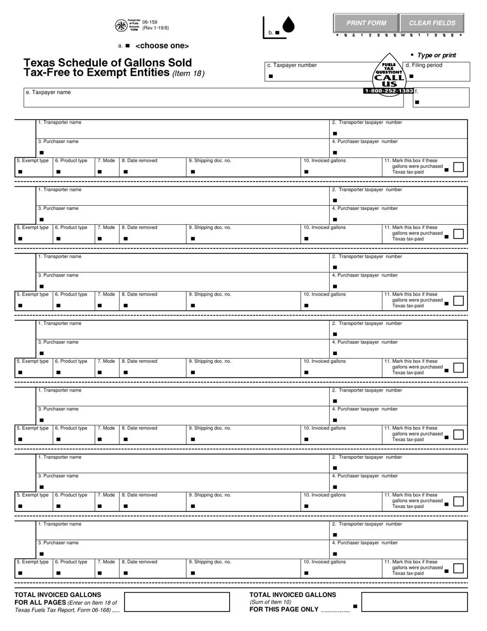 Form 06-159 Texas Schedule of Gallons Sold Tax-Free to Exempt Entities - Texas, Page 1