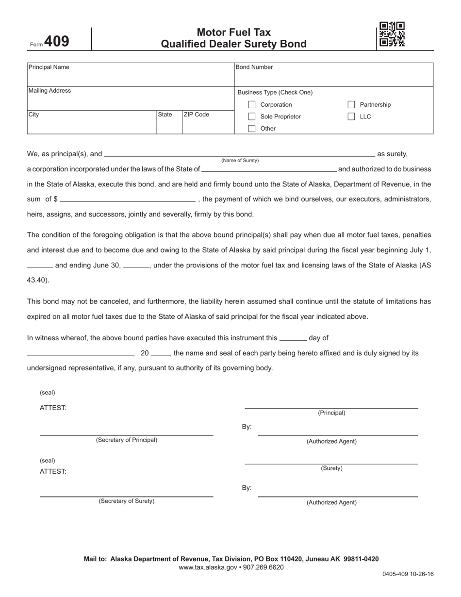 Form 409 Motor Fuel Tax Qualified Dealer Surety Bond - Alaska, Page 1
