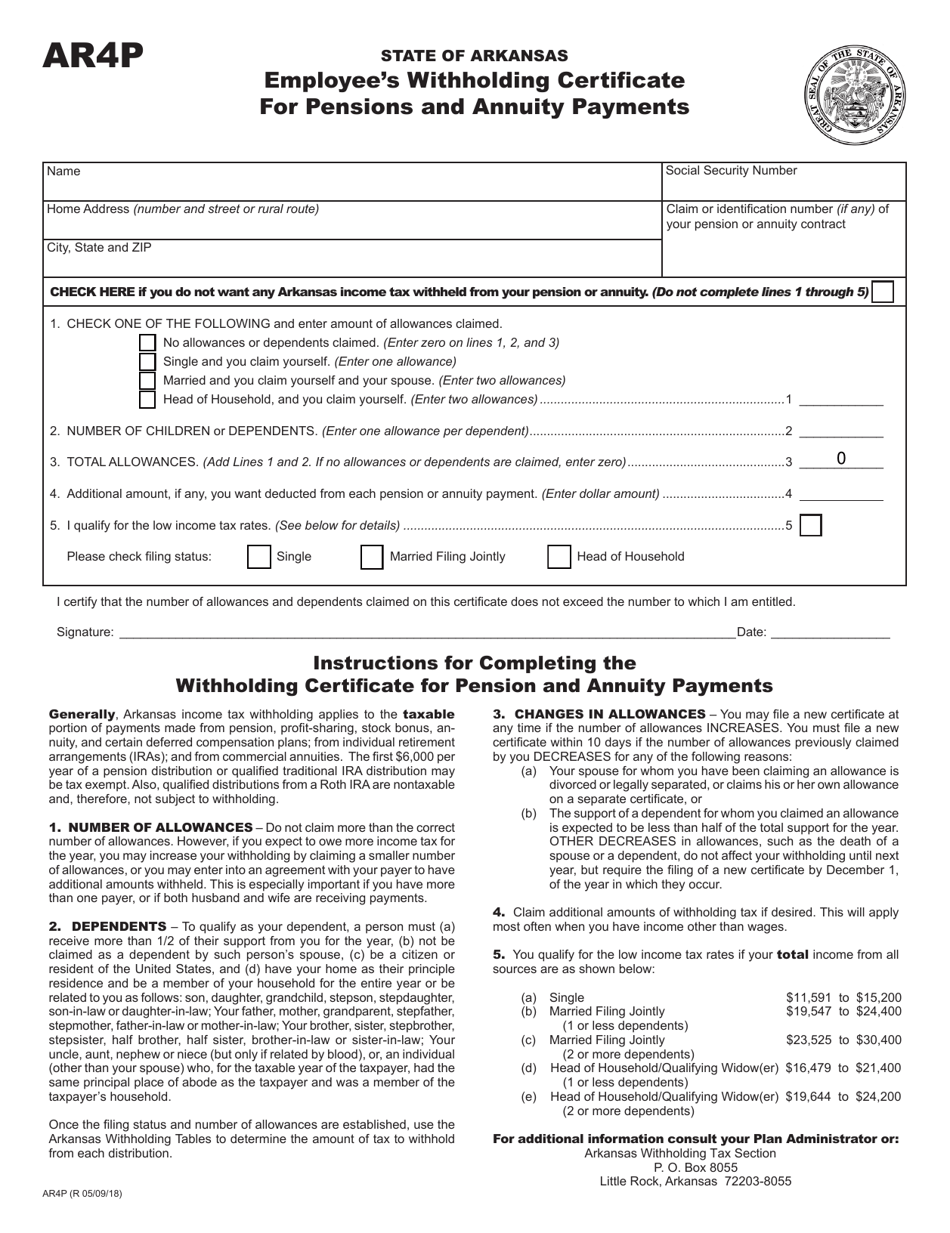 Form AR4P Employees Withholding Certificate for Pensions and Annuity Payments - Arkansas, Page 1