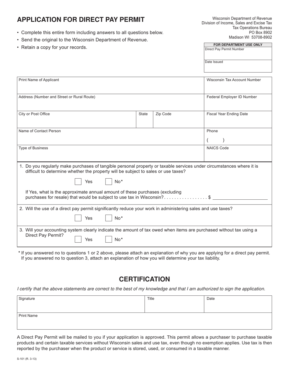 Form S-101 Application for Direct Pay Permit - Wisconsin, Page 1
