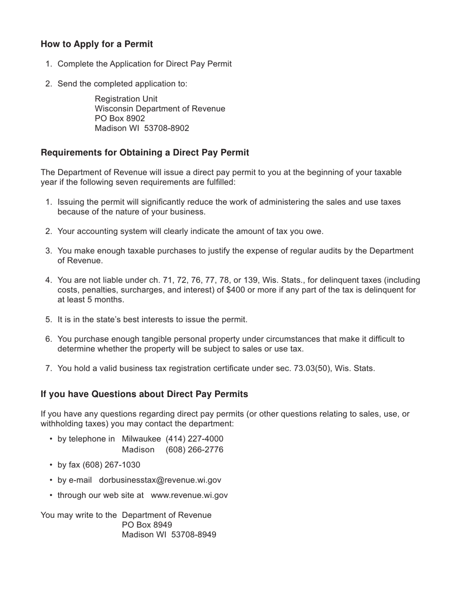 Form S-101 Application for Direct Pay Permit - Wisconsin, Page 2