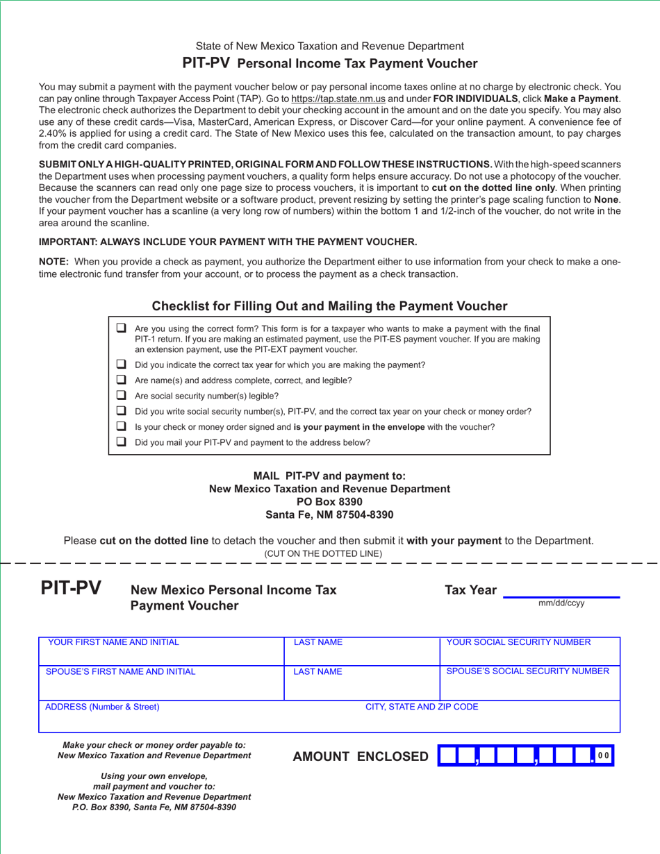 Form PIT-PV Personal Income Tax Payment Voucher - New Mexico, Page 1