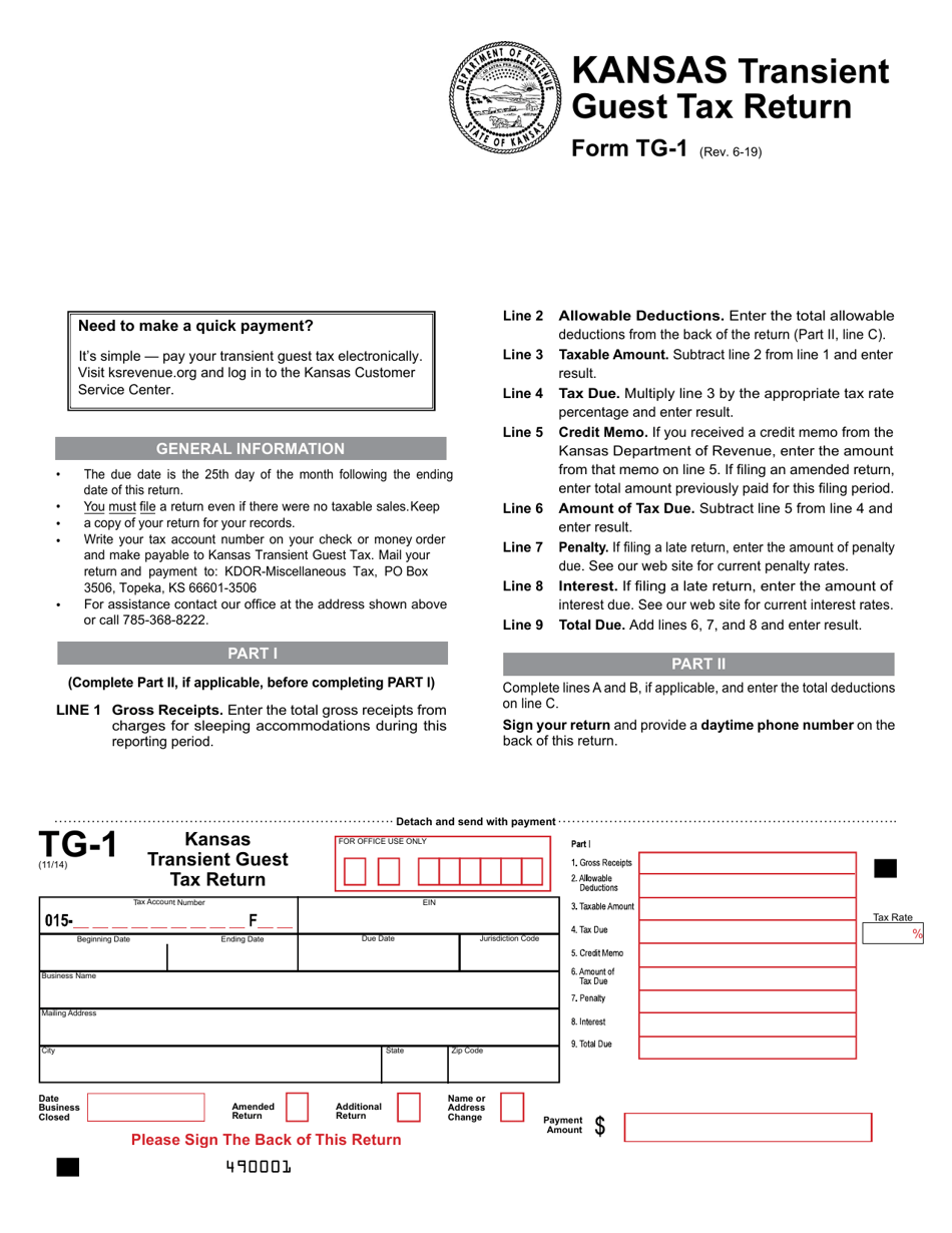 Form TG-1 Kansas Transient Guest Tax Return - Kansas, Page 1