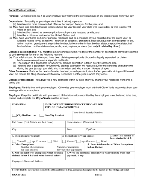 Form IW-4 Employee's Withholding Certificate for City of Ionia Income Tax - City of Ionia, Michigan