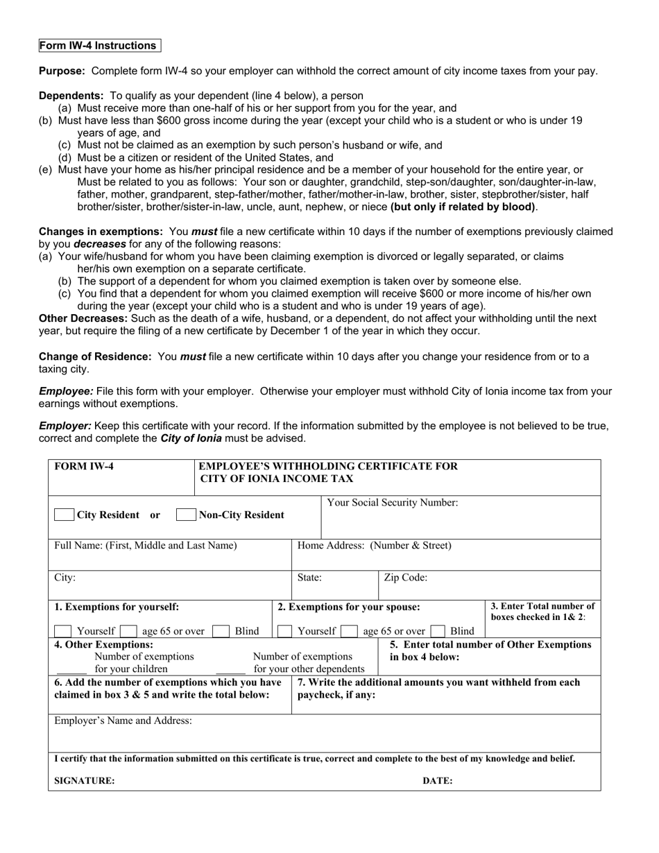 Form IW-4 Employees Withholding Certificate for City of Ionia Income Tax - City of Ionia, Michigan, Page 1