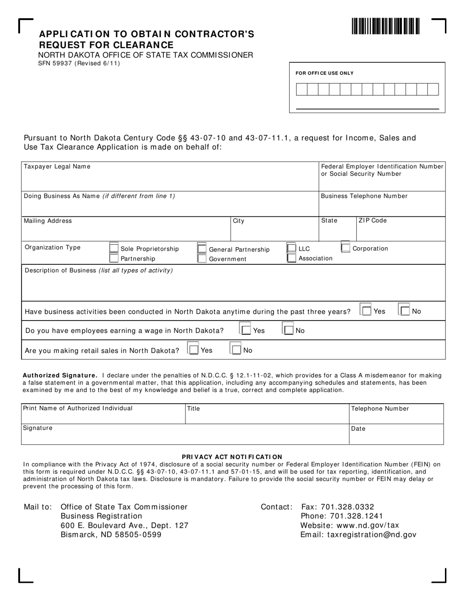 Form SFN59937 Application to Obtain Contractors Request for Clearance - North Dakota, Page 1