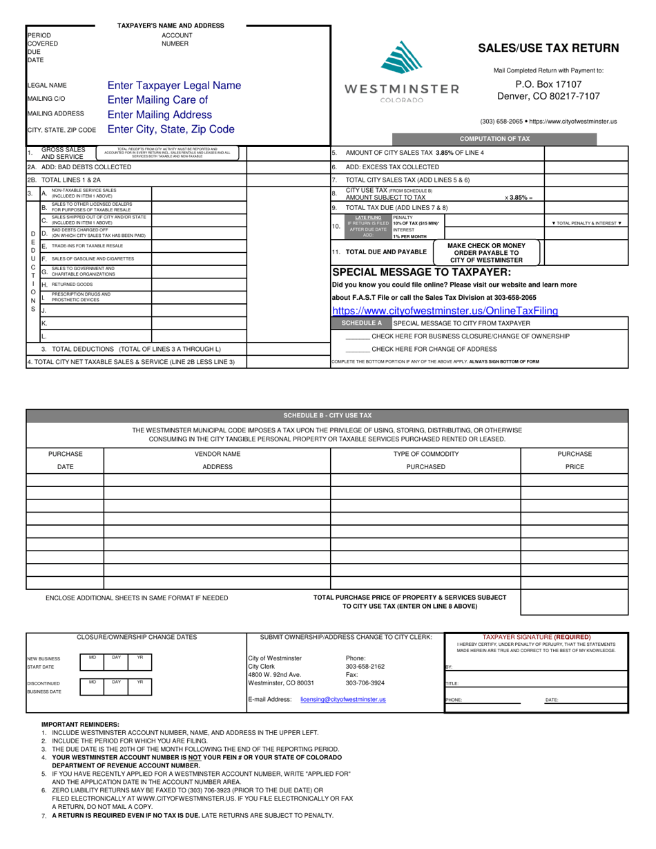 City of Westminster, Colorado Sales Use Tax Return Fill Out, Sign