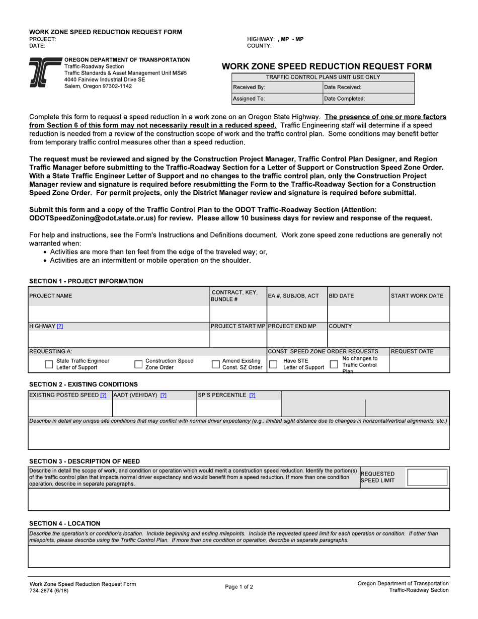Form 734-2874 Work Zone Speed Reduction Request Form - Oregon, Page 1