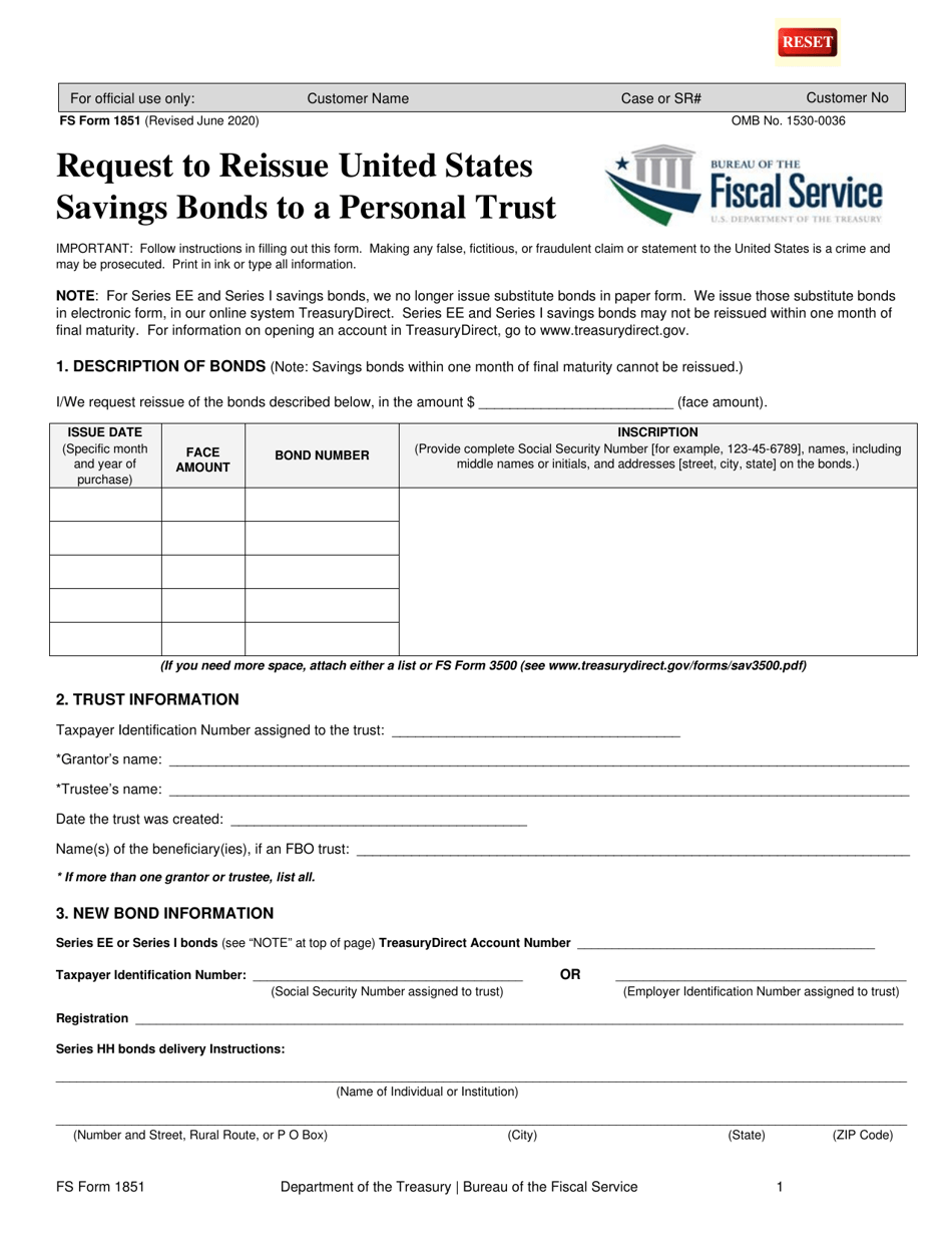 FS Form 1581 Request to Reissue United States Savings Bonds to a Personal Trust, Page 1