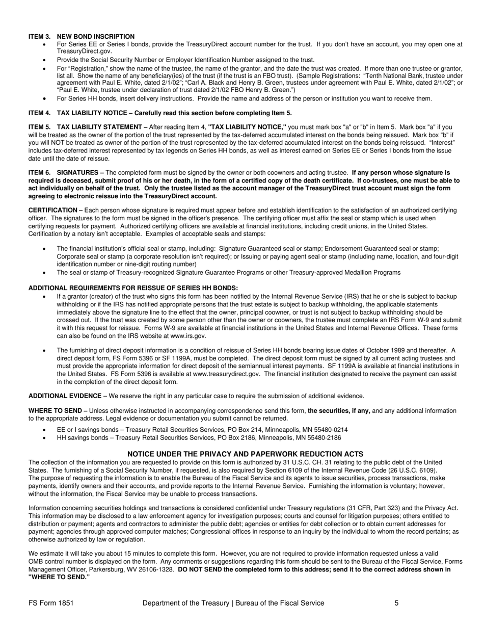 FS Form 1581 Request to Reissue United States Savings Bonds to a Personal Trust, Page 5