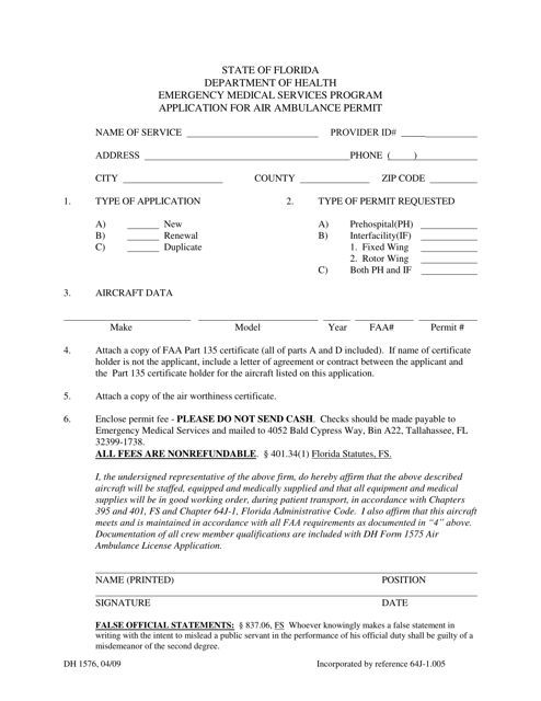 Form DH1576 Application for Air Ambulance Permit - Florida