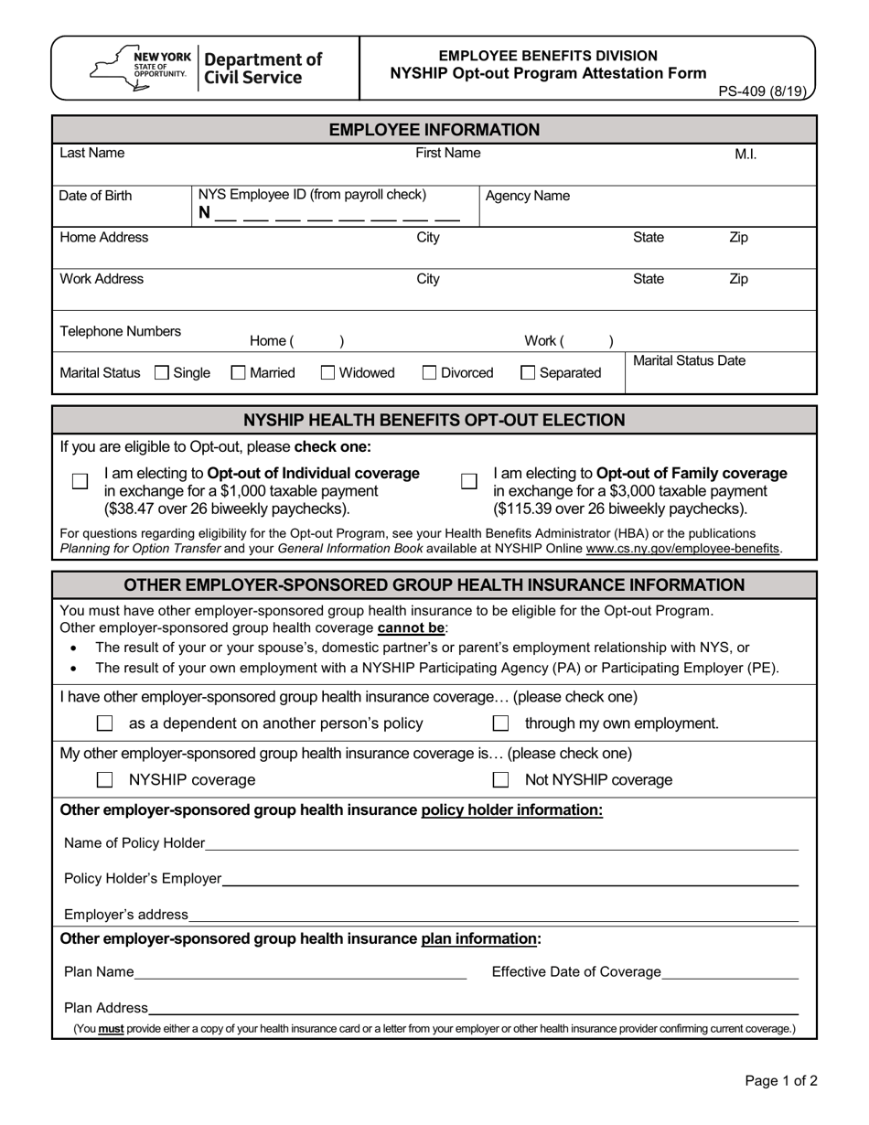 Form PS-409 Nyship Opt-Out Program Attestation Form - New York, Page 1