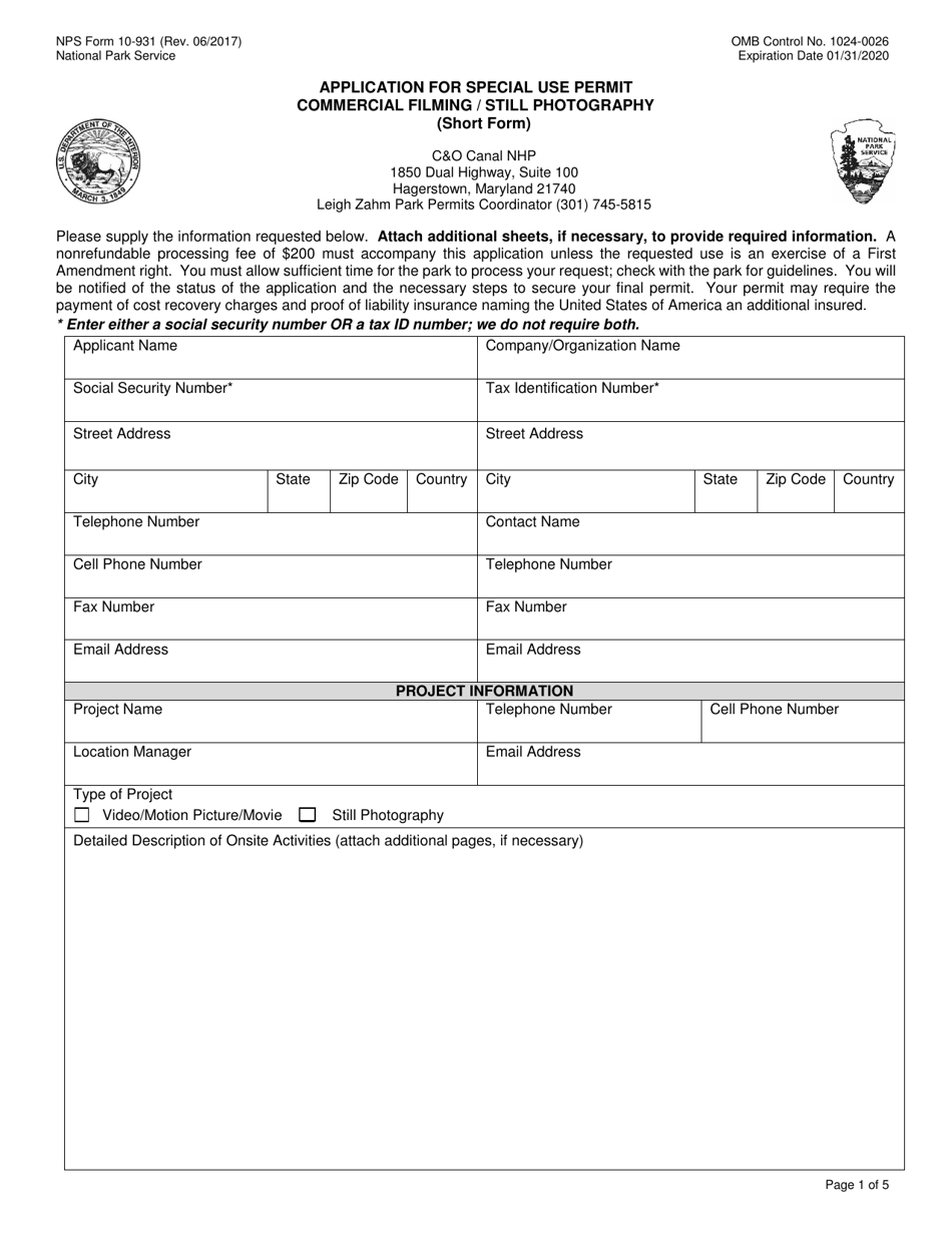 NPS Form 10-931 Application for Special Use Permit Commercial Filming / Still Photography (Short Form), Page 1