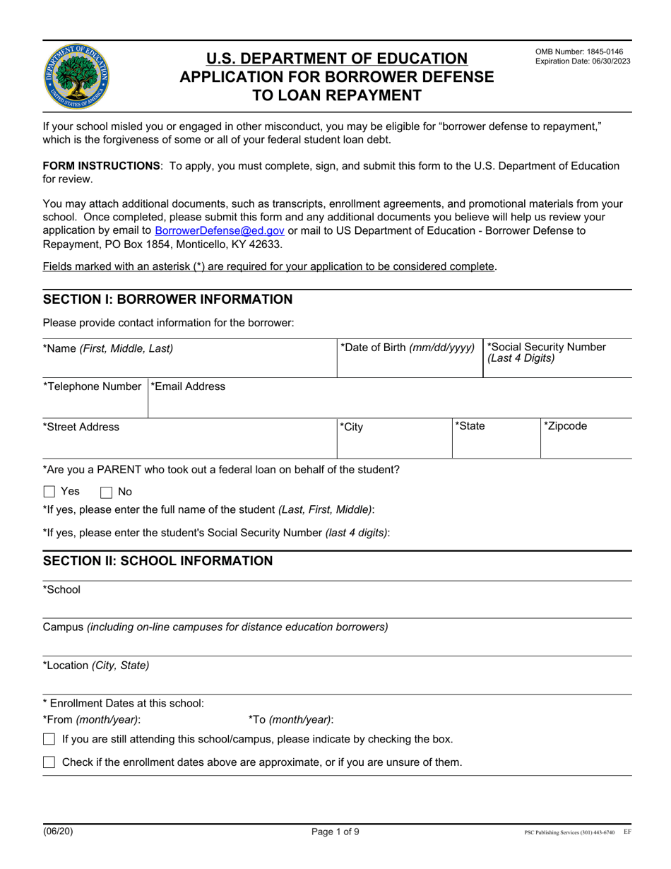 Application for Borrower Defense to Loan Repayment, Page 1