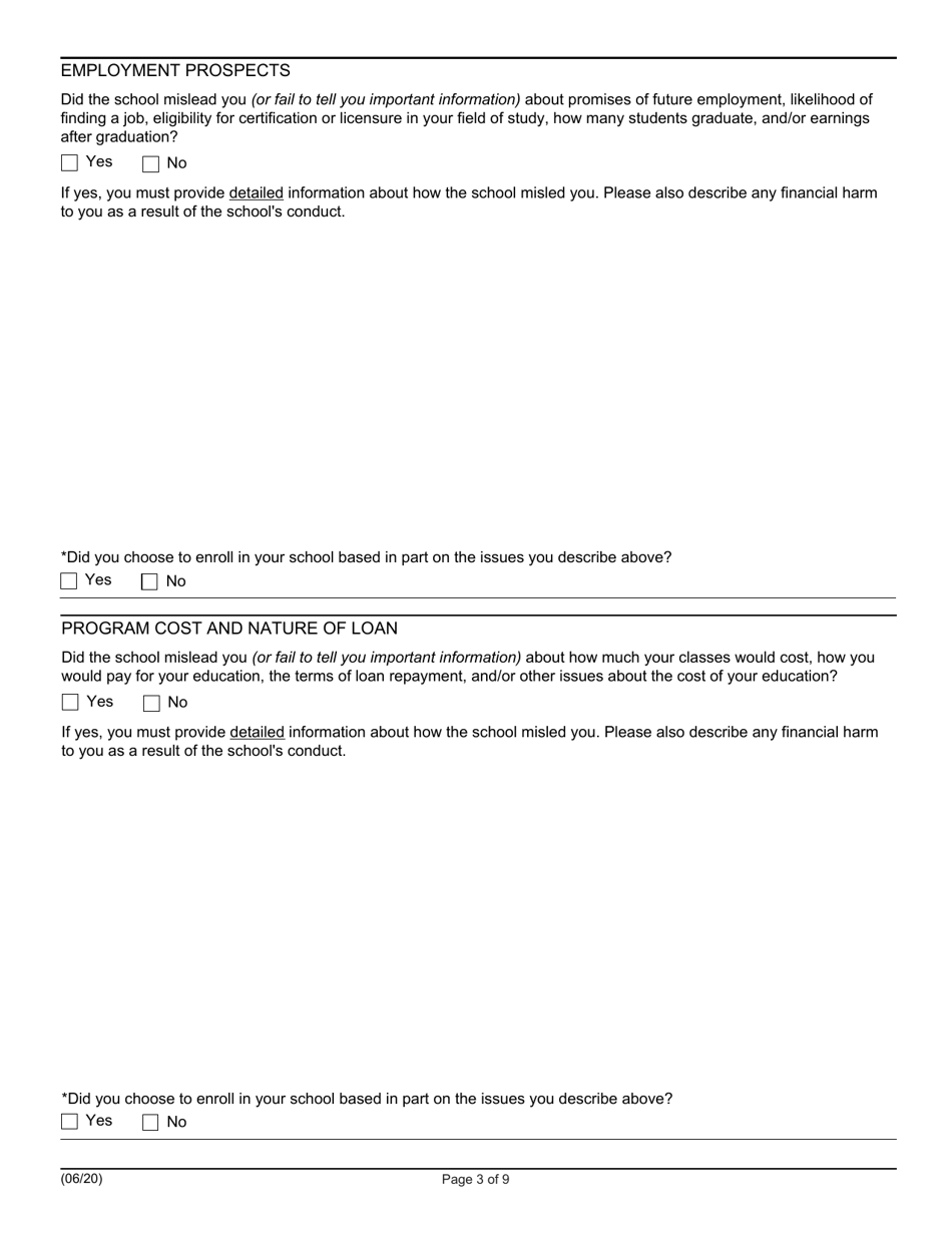 Application for Borrower Defense to Loan Repayment, Page 3