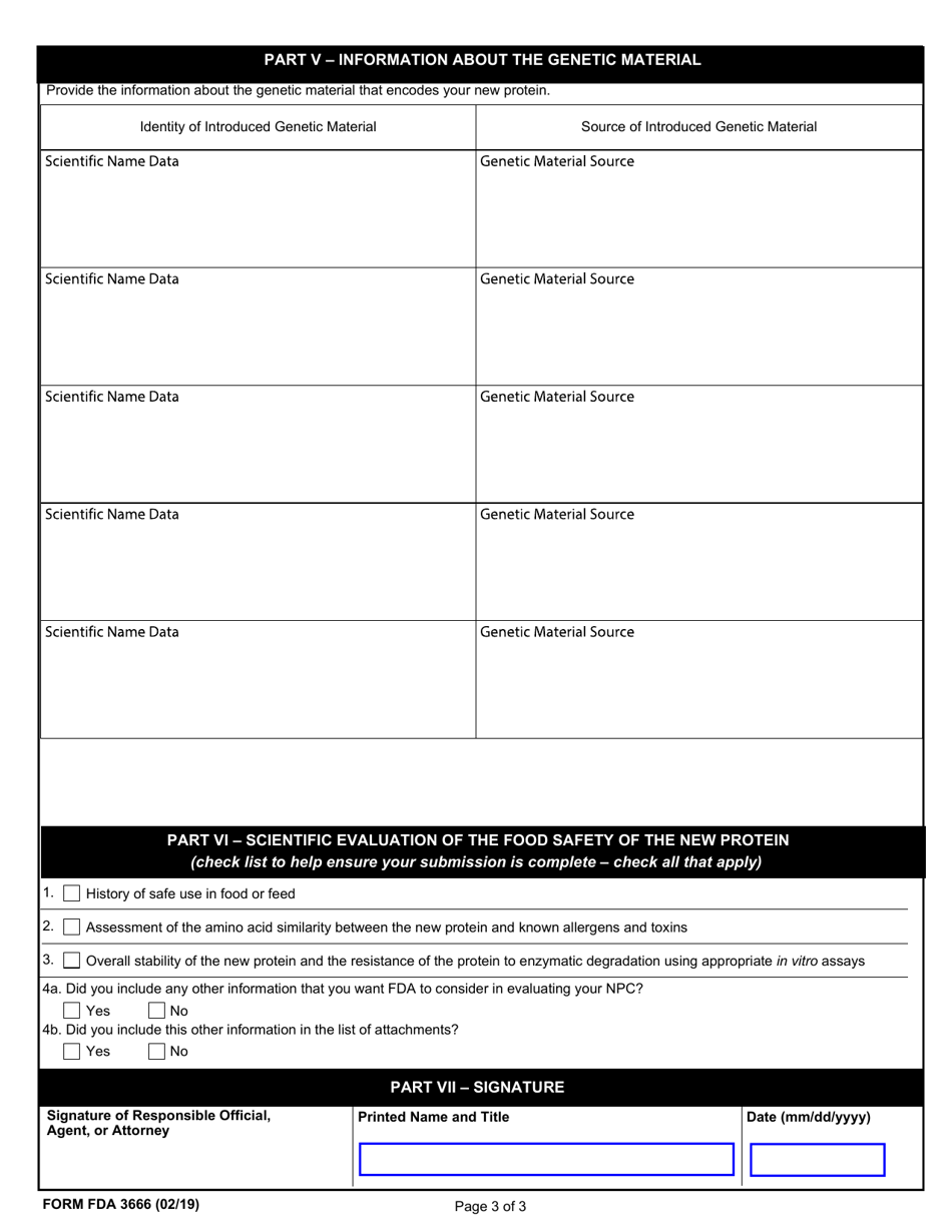 Form FDA3666 Early Food Safety Evaluation of a New Non-pesticidal Protein Produced by a New Plant Variety (New Protein Consultation), Page 3