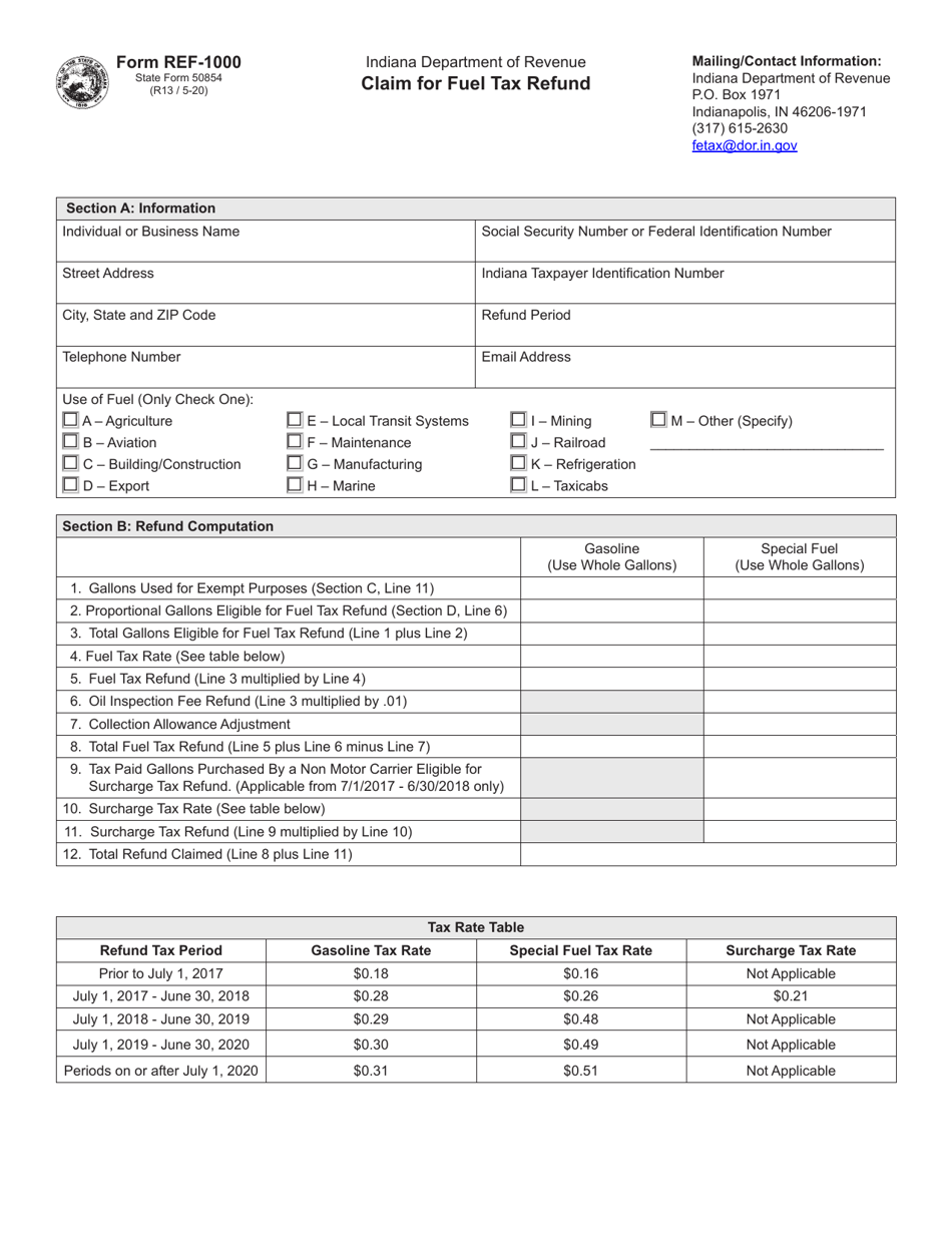 Form REF 1000 State Form 50854 Download Fillable PDF Or Fill Online Claim For Fuel Tax Refund 