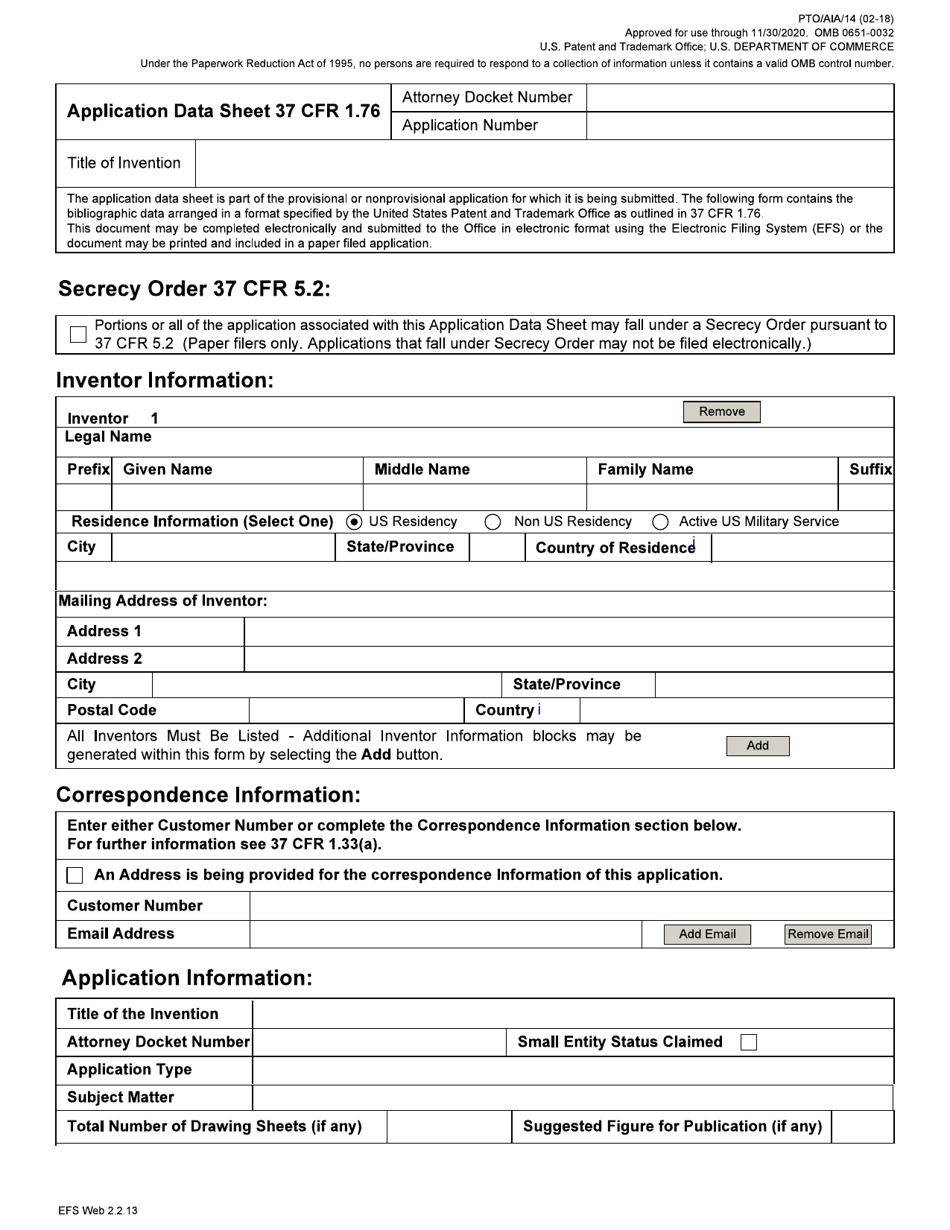 Form PTO / AIA / 14 Application Data Sheet 37 Cfr 1.76, Page 1