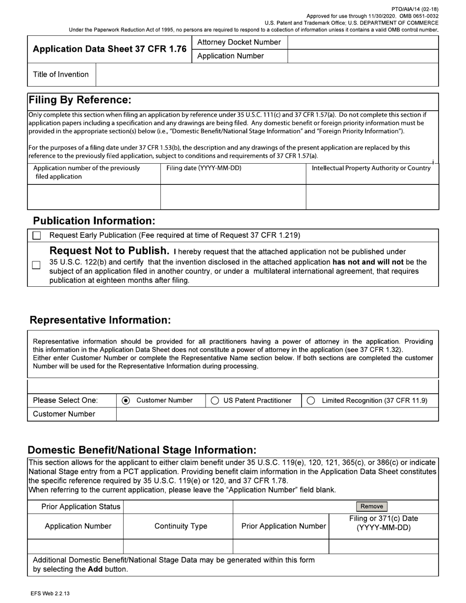 Form PTO / AIA / 14 Application Data Sheet 37 Cfr 1.76, Page 2