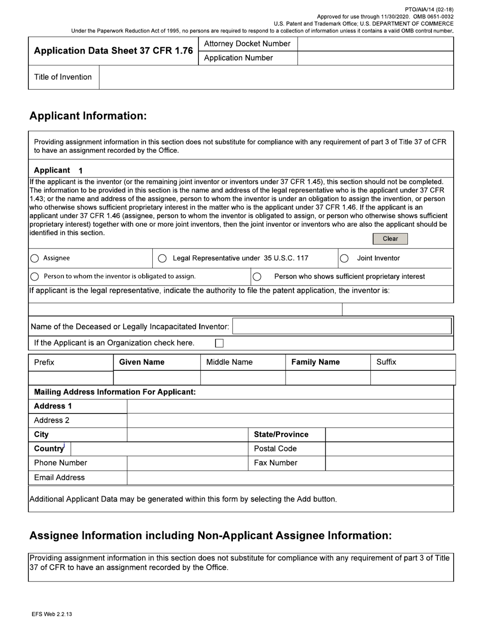 Form PTO / AIA / 14 Application Data Sheet 37 Cfr 1.76, Page 5