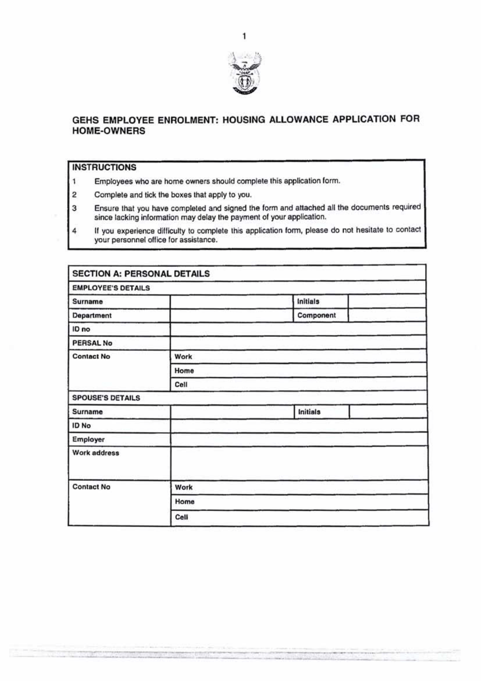 Western Cape South Africa Gehs Employee Enrolment Housing Allowance Application For Home Owners Download Printable Pdf Templateroller