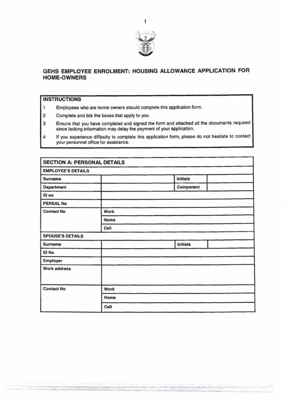Gehs Employee Enrolment: Housing Allowance Application for Home-Owners - Western Cape, South Africa, Page 1