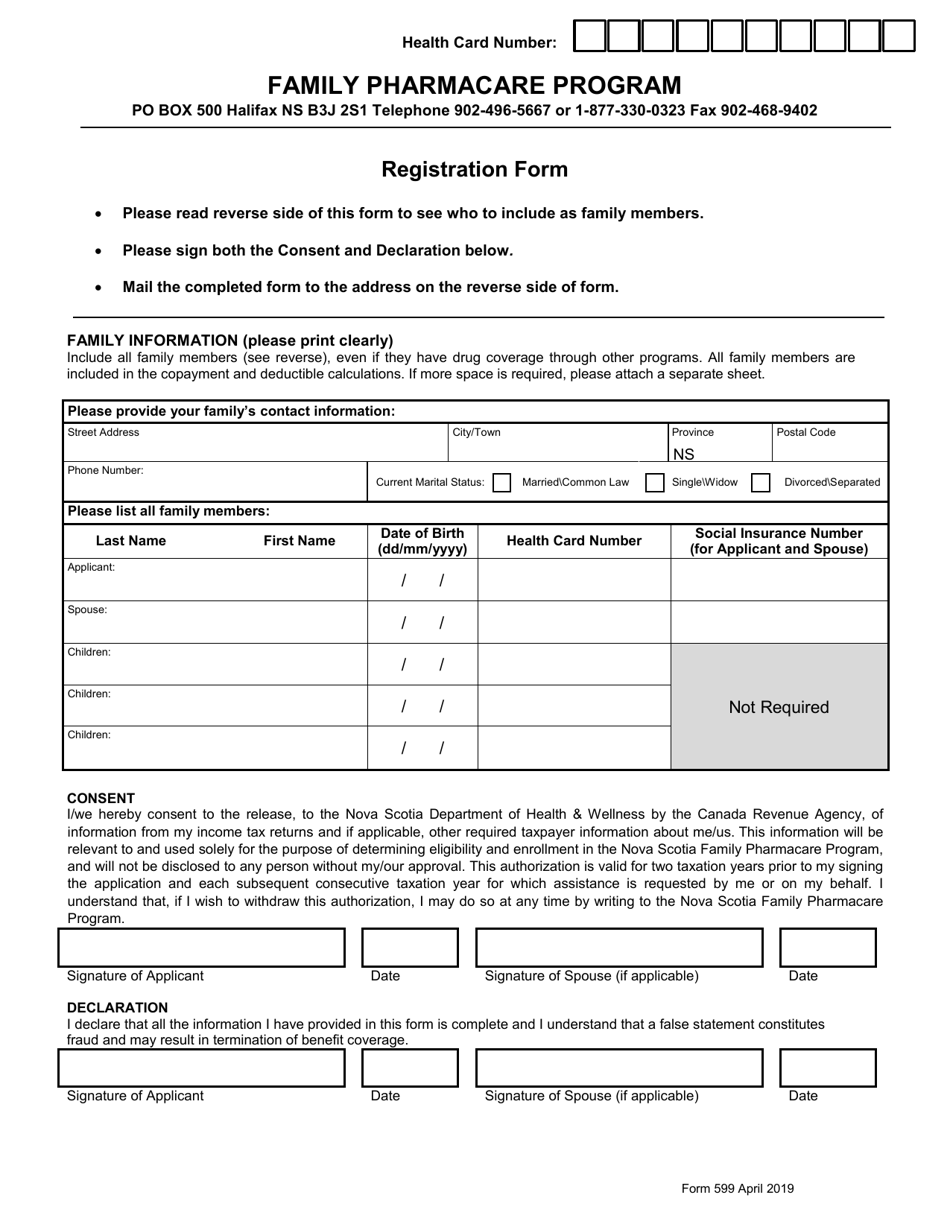 Form 599 Family Pharmacare Program Registration Form - Nova Scotia, Canada, Page 1