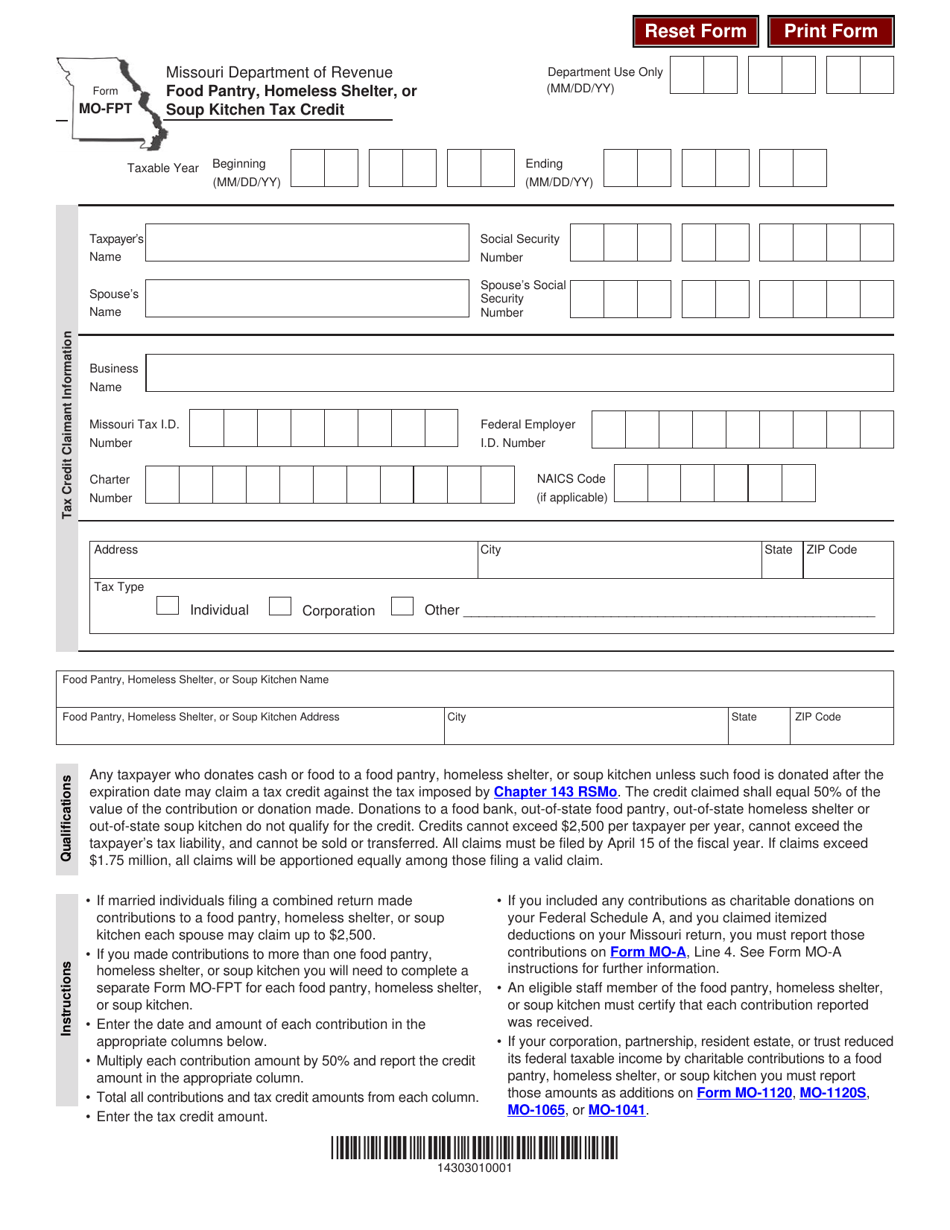 Form MO-FPT Food Pantry, Homeless Shelter, or Soup Kitchen Tax Credit - Missouri, Page 1