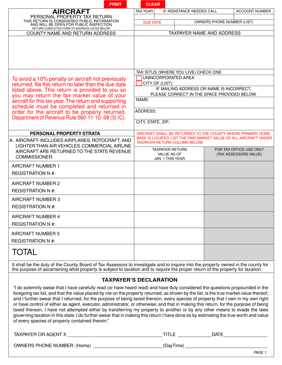 Form PT-50A Aircraft Personal Property Tax Return and Schedules - Georgia (United States), Page 2